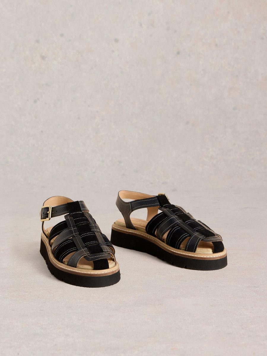 Schwarze Leder-Fischer-Plateausandalen