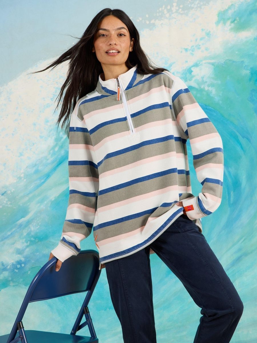 Gestreiftes Baumwoll-Sweatshirt mit halbem Reißverschluss
