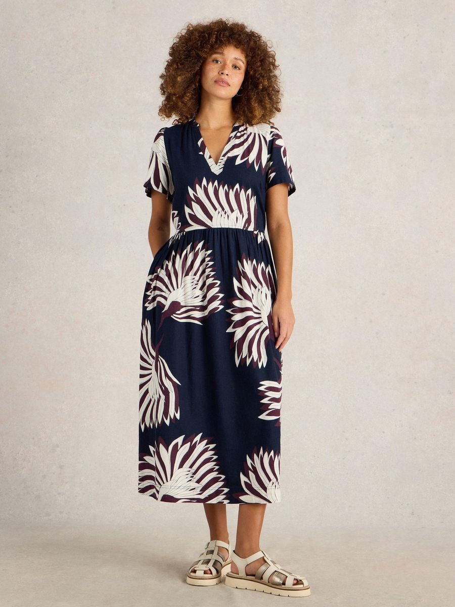 Geblümtes Midikleid aus Leinenmischung