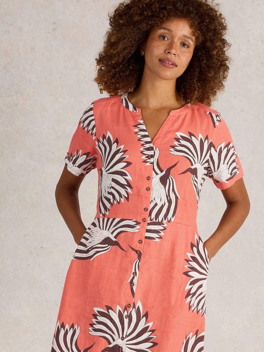 Leinenmischung Midi Hemdblusenkleid