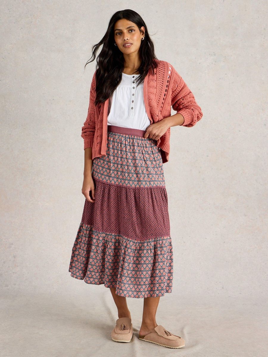 Gestufter Midirock mit Blumenmuster