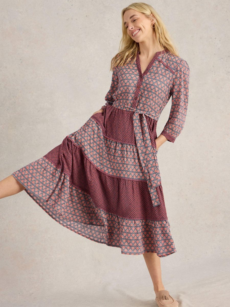 Gemischtes Muster Etagen-Midikleid mit Gürtel