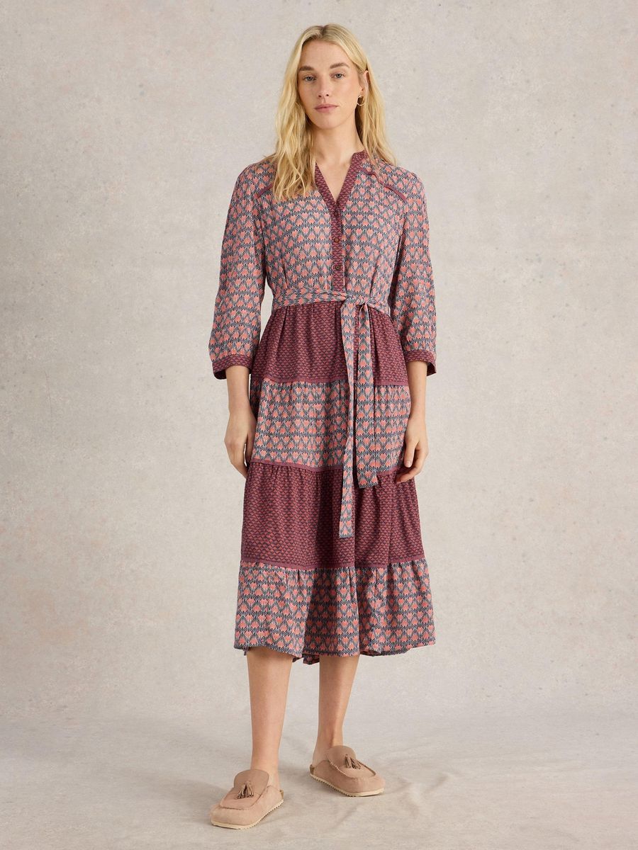 Gemischtes Muster Etagen-Midikleid mit Gürtel
