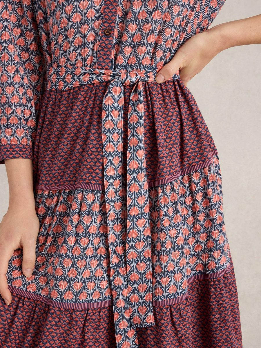 Gemischtes Muster Etagen-Midikleid mit Gürtel