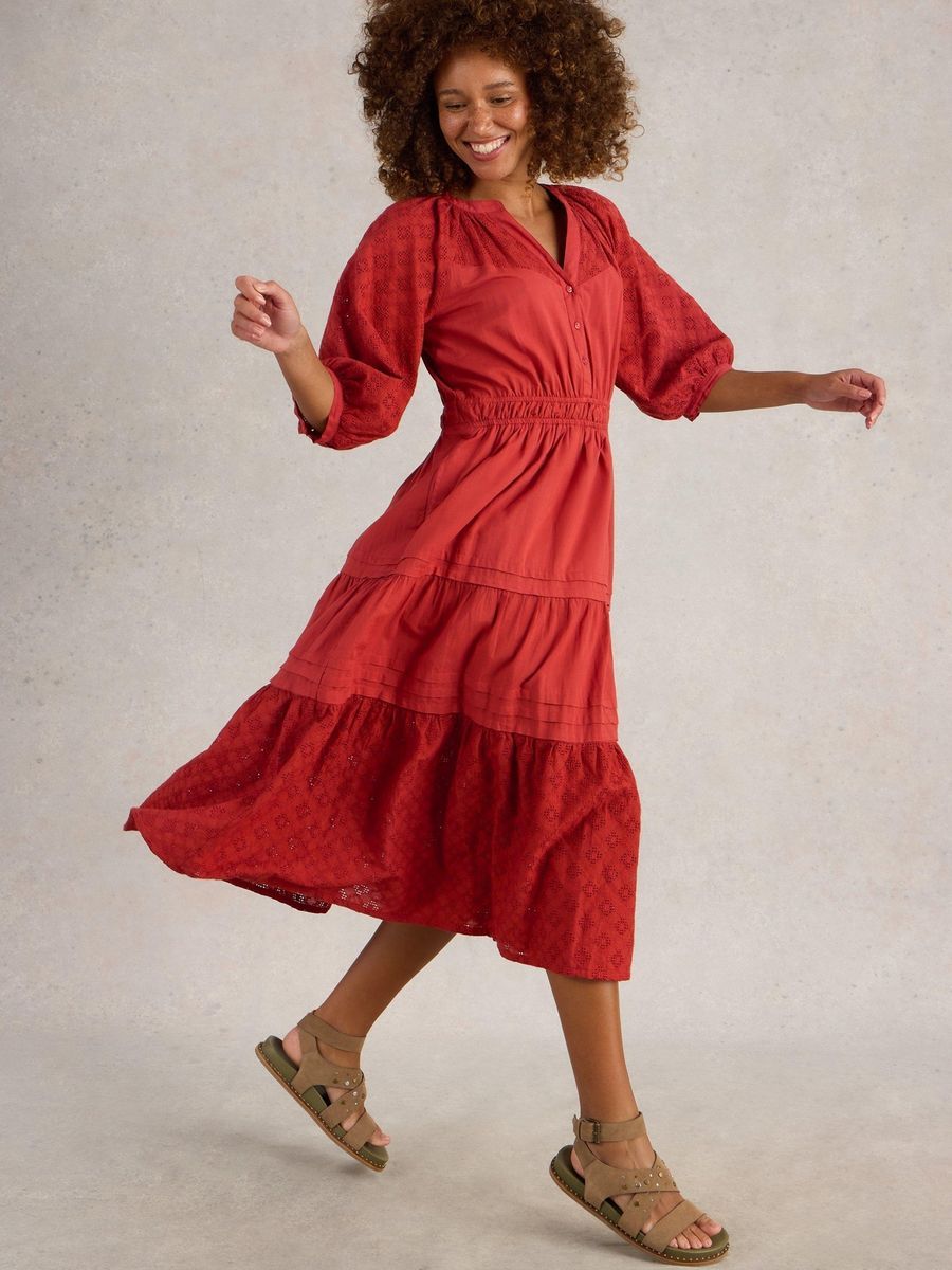 Gestuftes Lochspitzen-Midikleid mit Ärmeln
