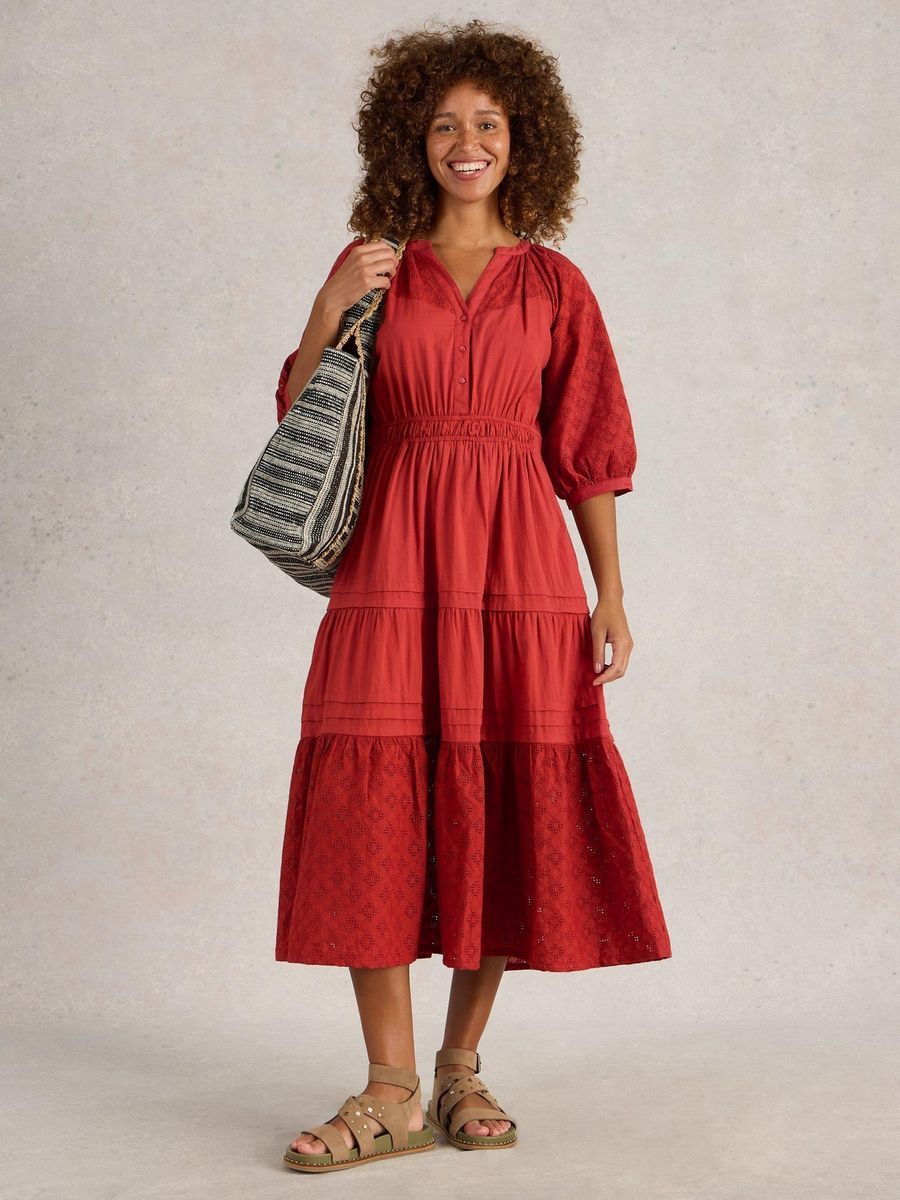 Gestuftes Lochspitzen-Midikleid mit Ärmeln