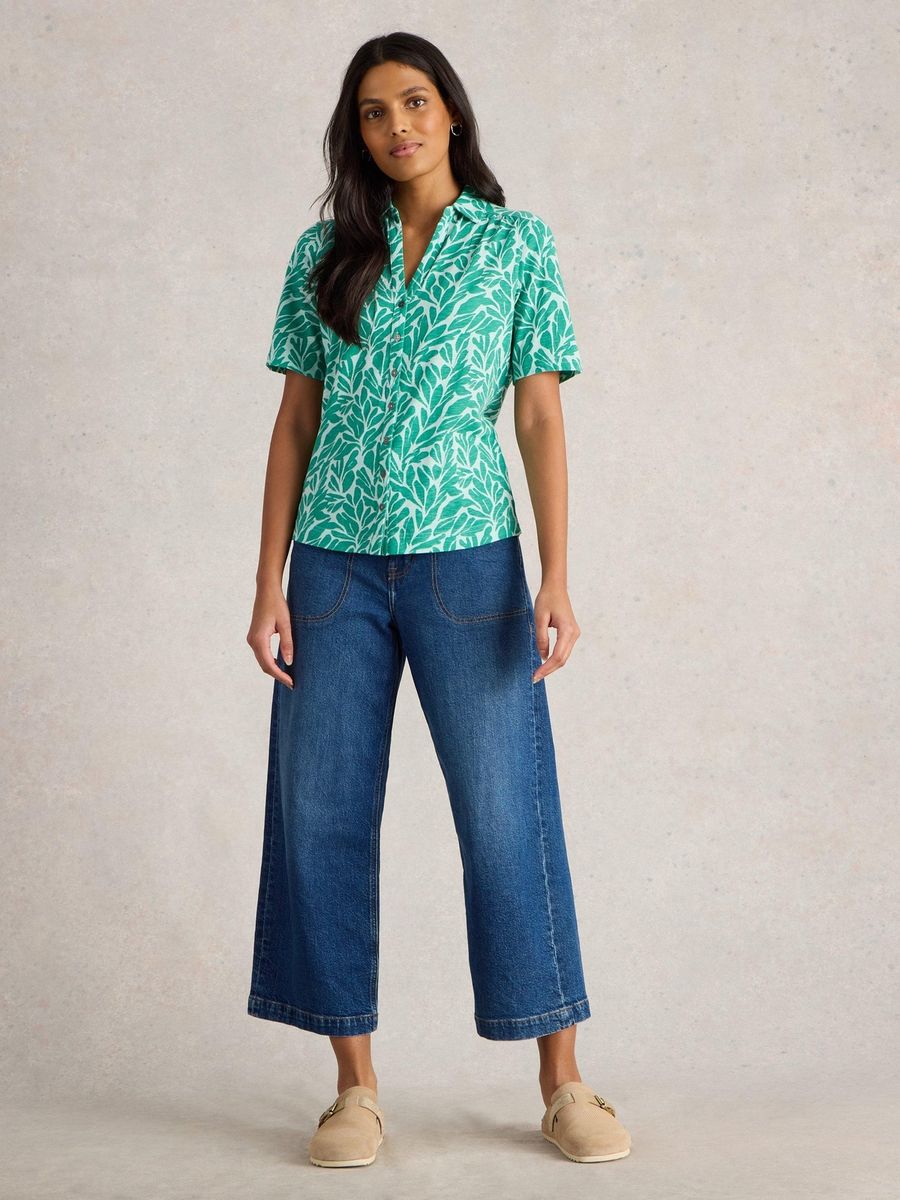 Kurzärmelige Bluse mit Blättermuster