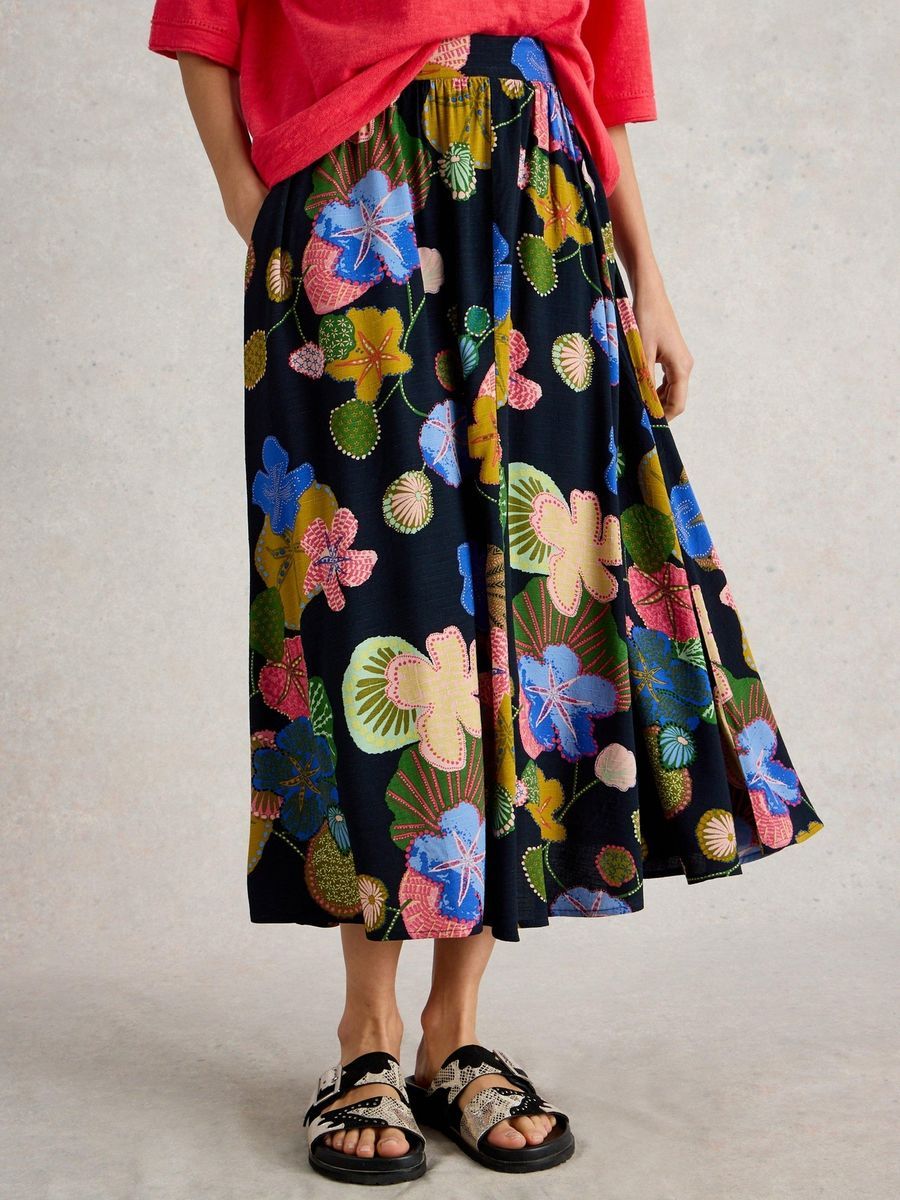 Fließender Midirock mit Blumenmuster