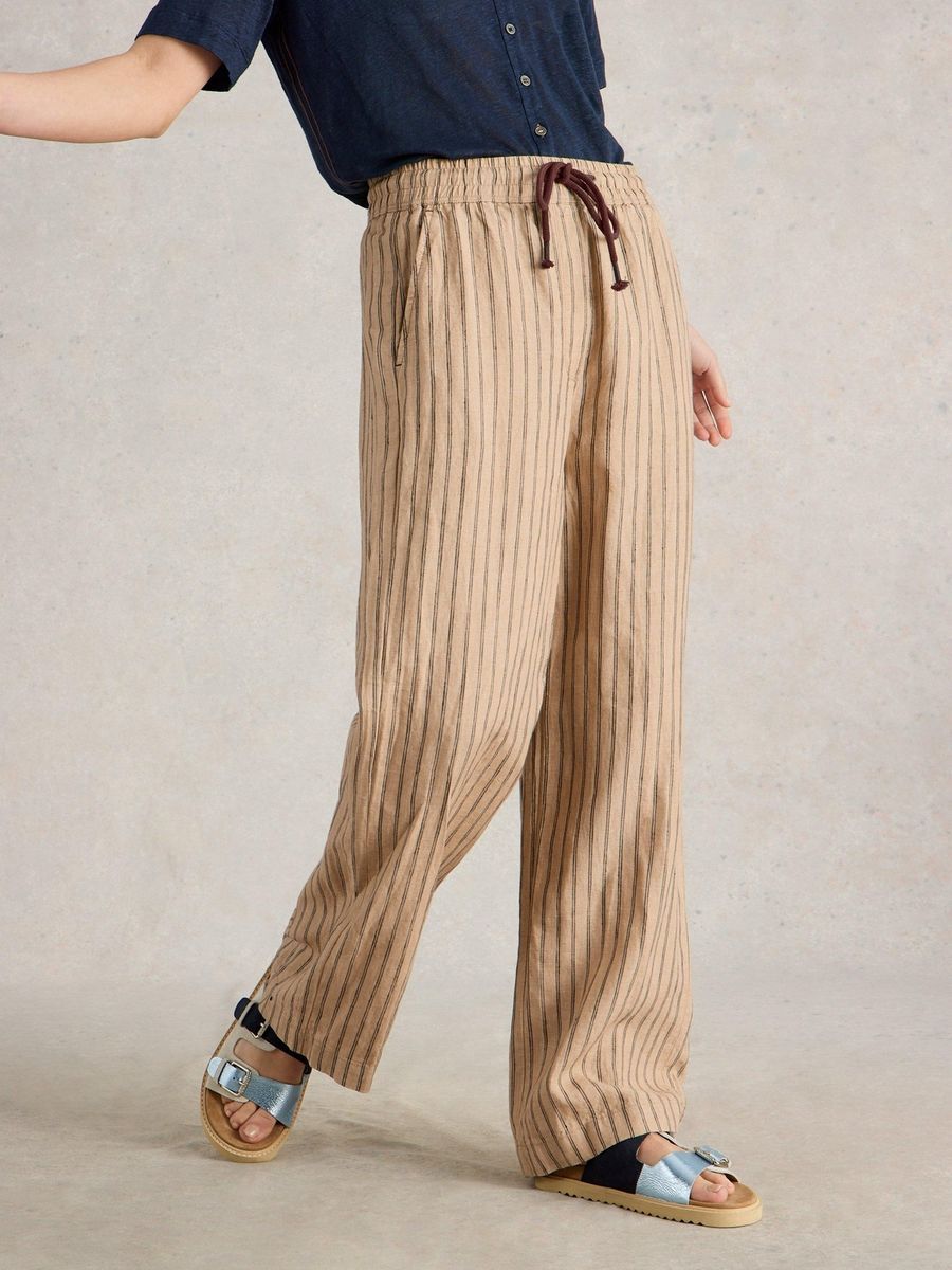 Gestreifte Leinenhose mit weitem Bein und Kordelzug