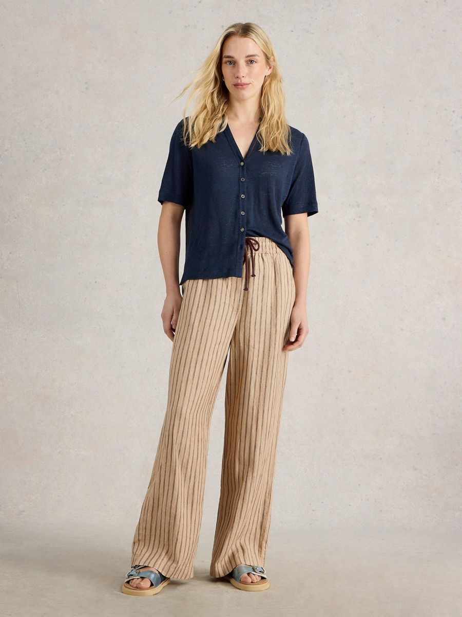 Gestreifte Leinenhose mit weitem Bein und Kordelzug