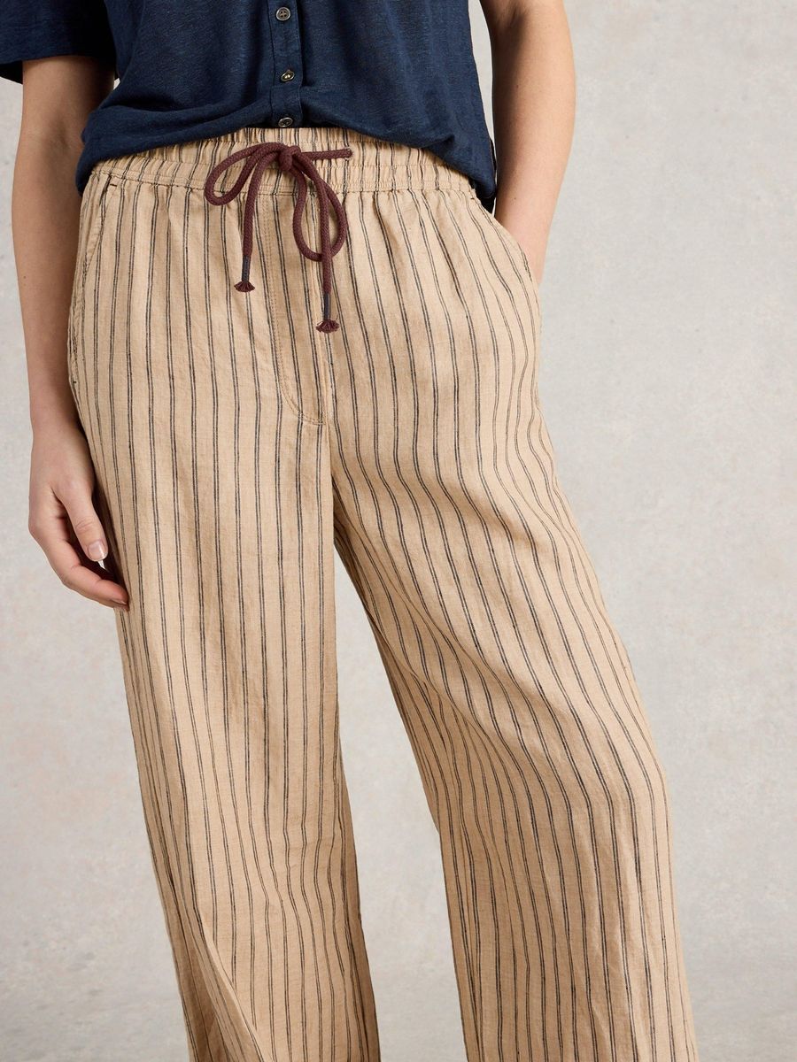 Gestreifte Leinenhose mit weitem Bein und Kordelzug