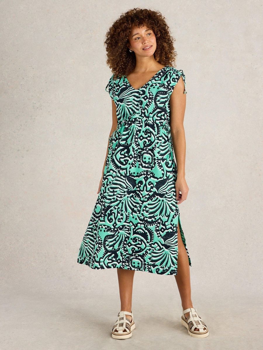 Bedrucktes Baumwoll-Midikleid mit Schlitz