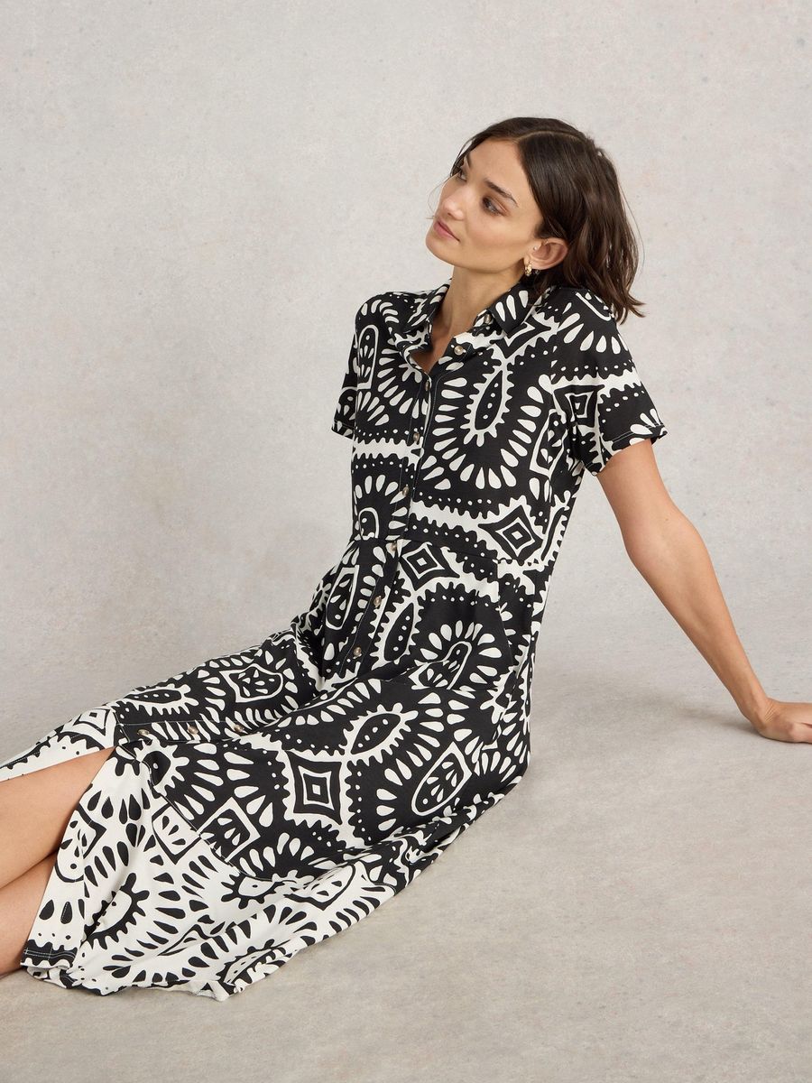 Jersey-Blusenkleid mit Print und Knöpfen