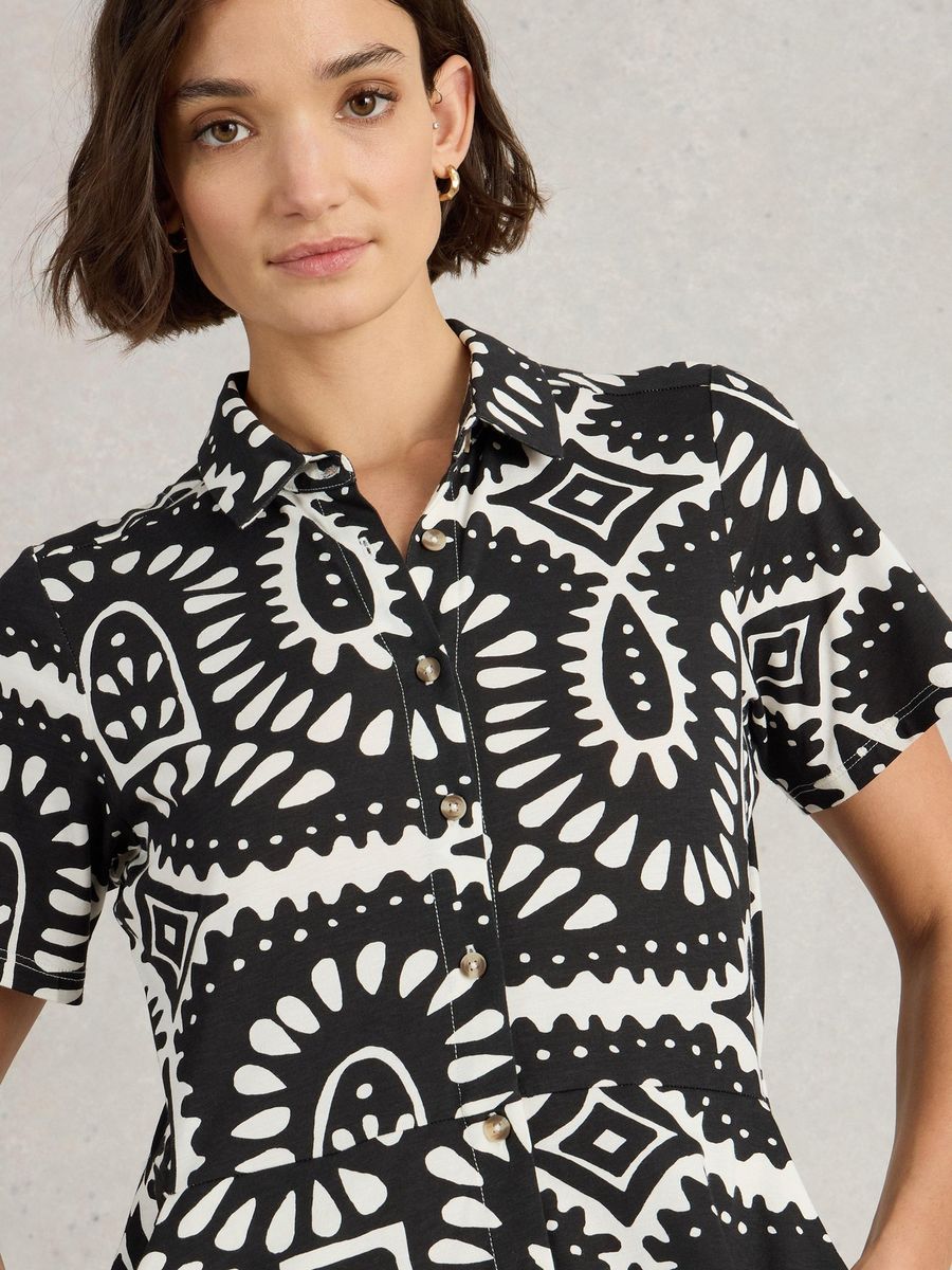 Jersey-Blusenkleid mit Print und Knöpfen