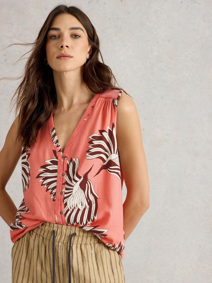 Ärmellose Bluse mit Blumenmuster und Knopfleiste