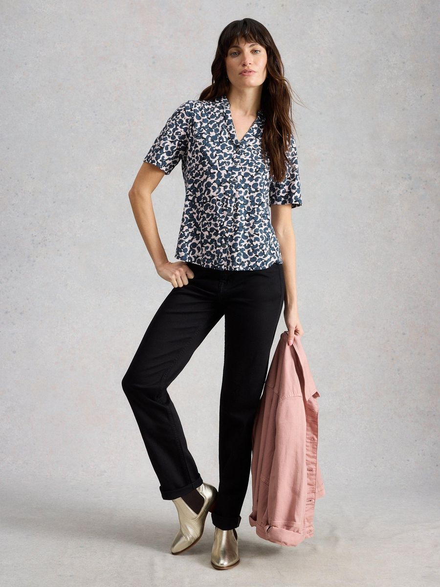 Bedruckte Kurzarm-Bluse mit Knopfleiste