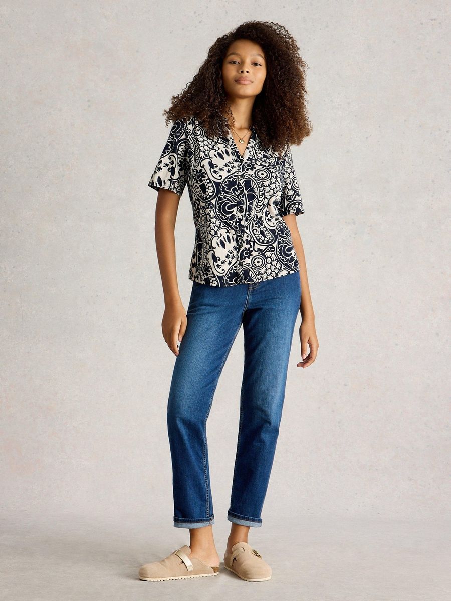 Bedruckte Kurzarm-Bluse mit Knopfleiste