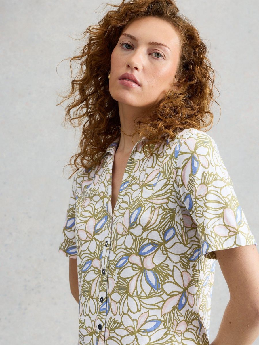 Bedruckte Kurzarm-Bluse mit Knopfleiste