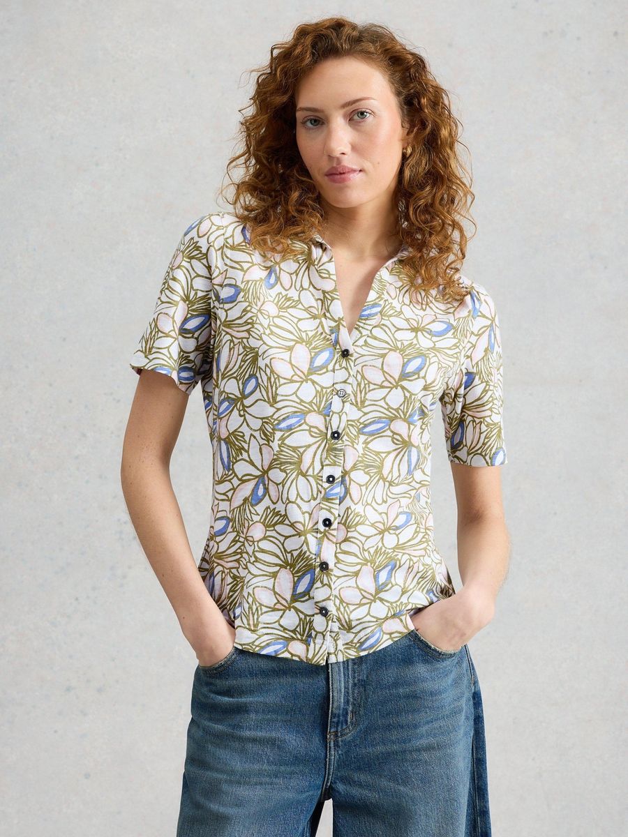 Bedruckte Kurzarm-Bluse mit Knopfleiste