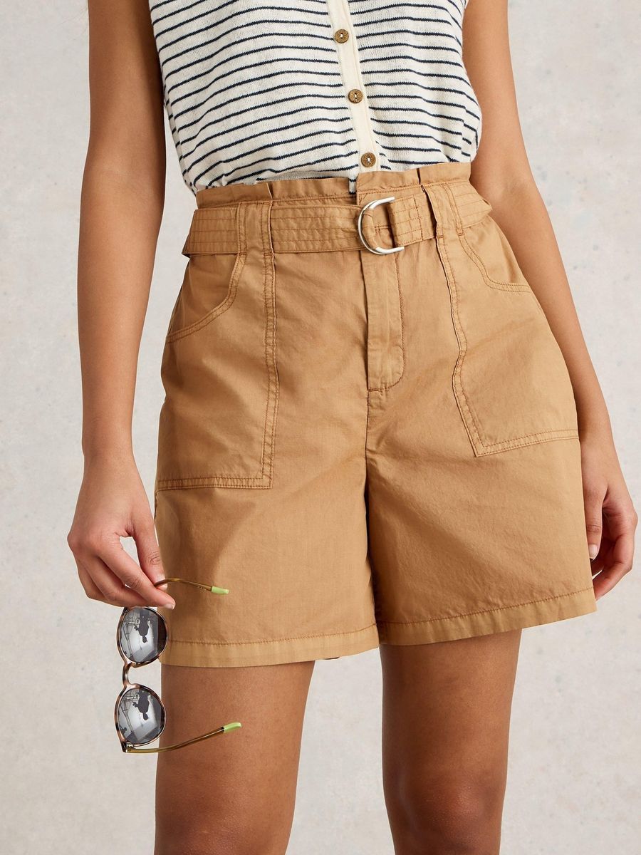 Baumwollshorts mit hohem Bund und Gürtel