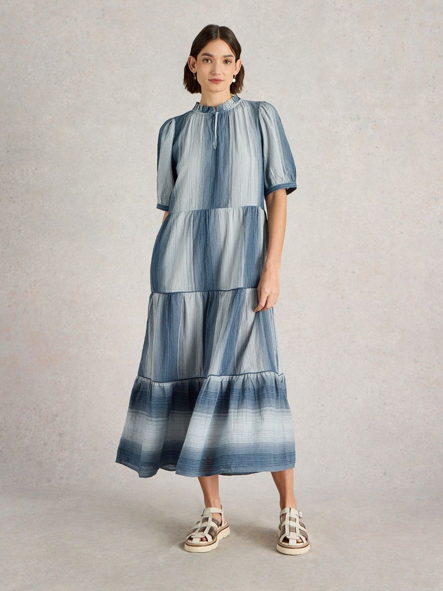 Gestreiftes, gestuftes Maxikleid aus Baumwolle