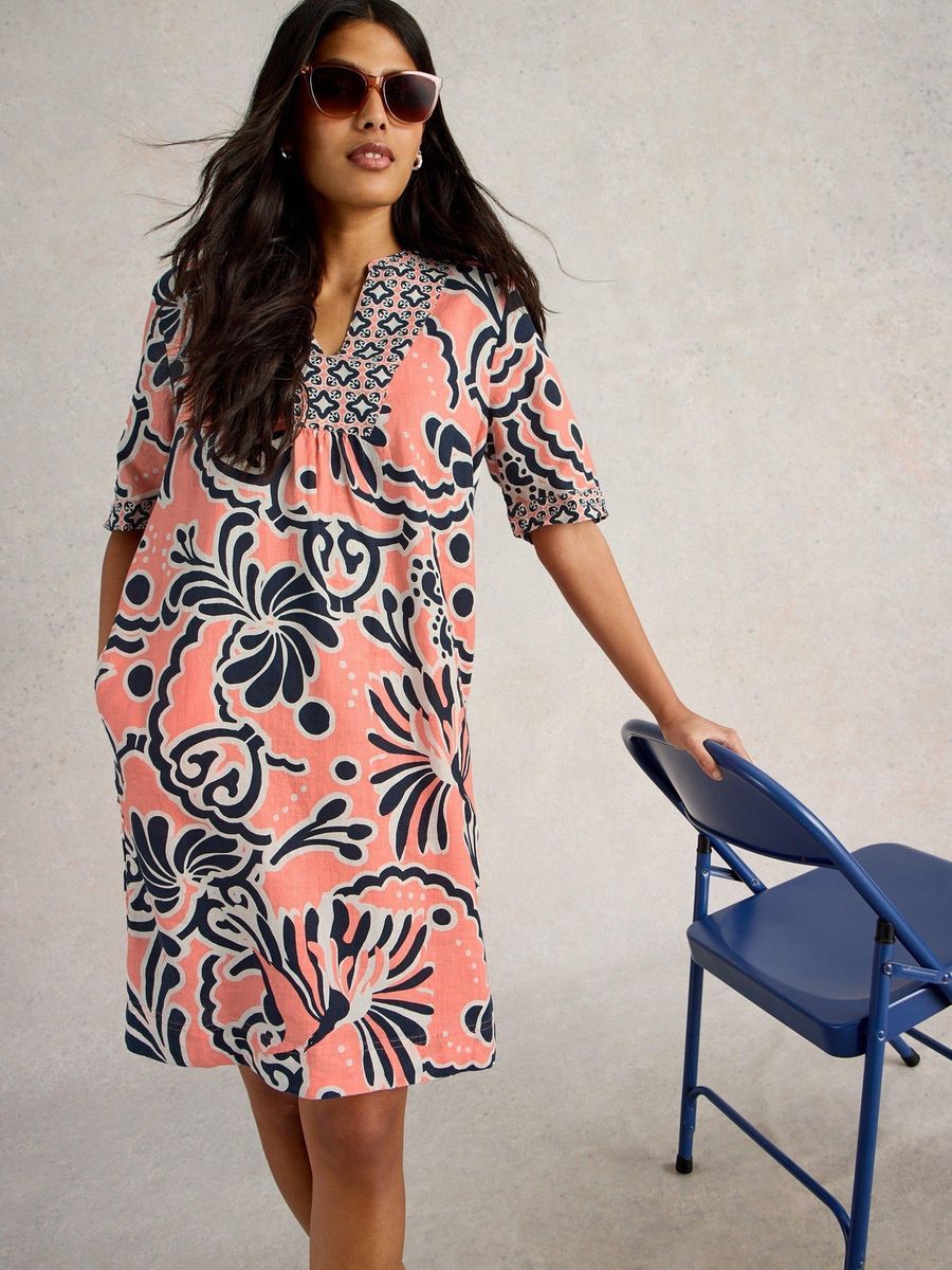 Leinen-Tunika-Kleid mit Print und Verzierungen