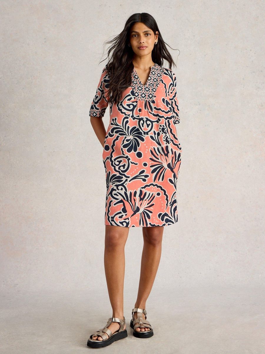 Leinen-Tunika-Kleid mit Print und Verzierungen