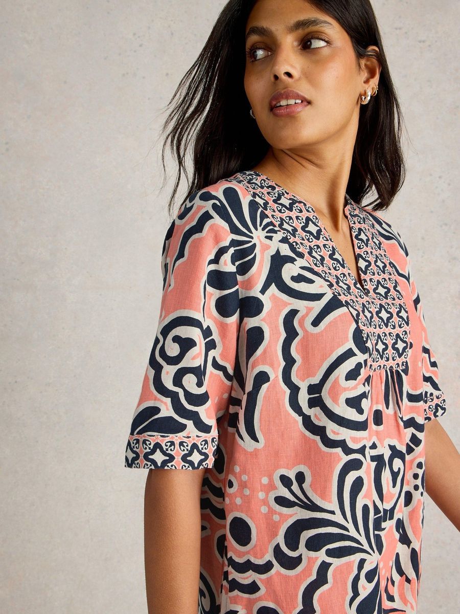 Leinen-Tunika-Kleid mit Print und Verzierungen