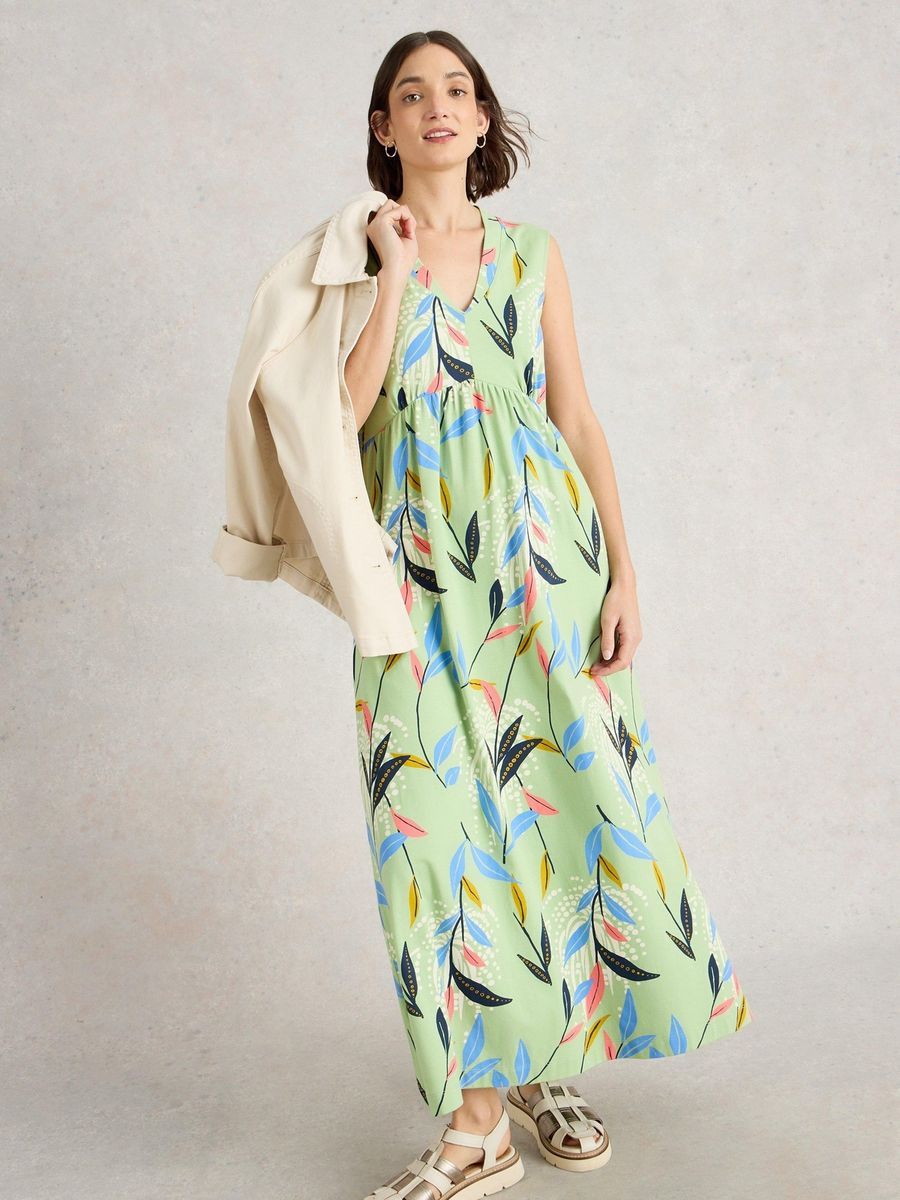 Ärmelloses Maxikleid mit Blätterprint