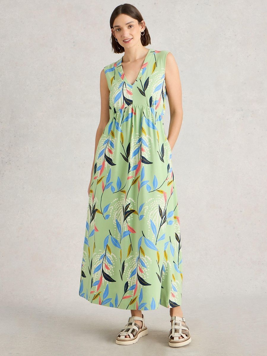 Ärmelloses Maxikleid mit Blätterprint