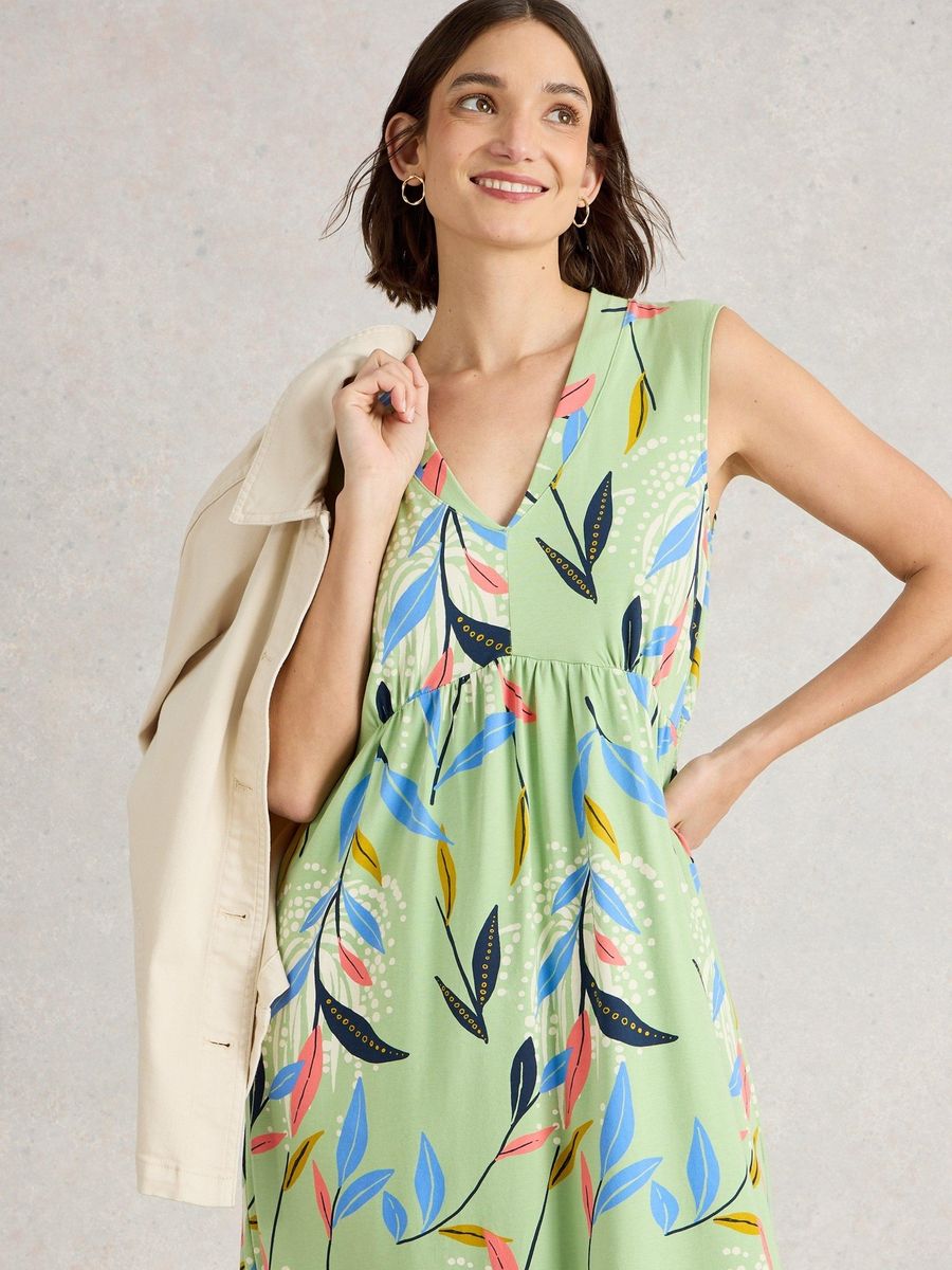 Ärmelloses Maxikleid mit Blätterprint