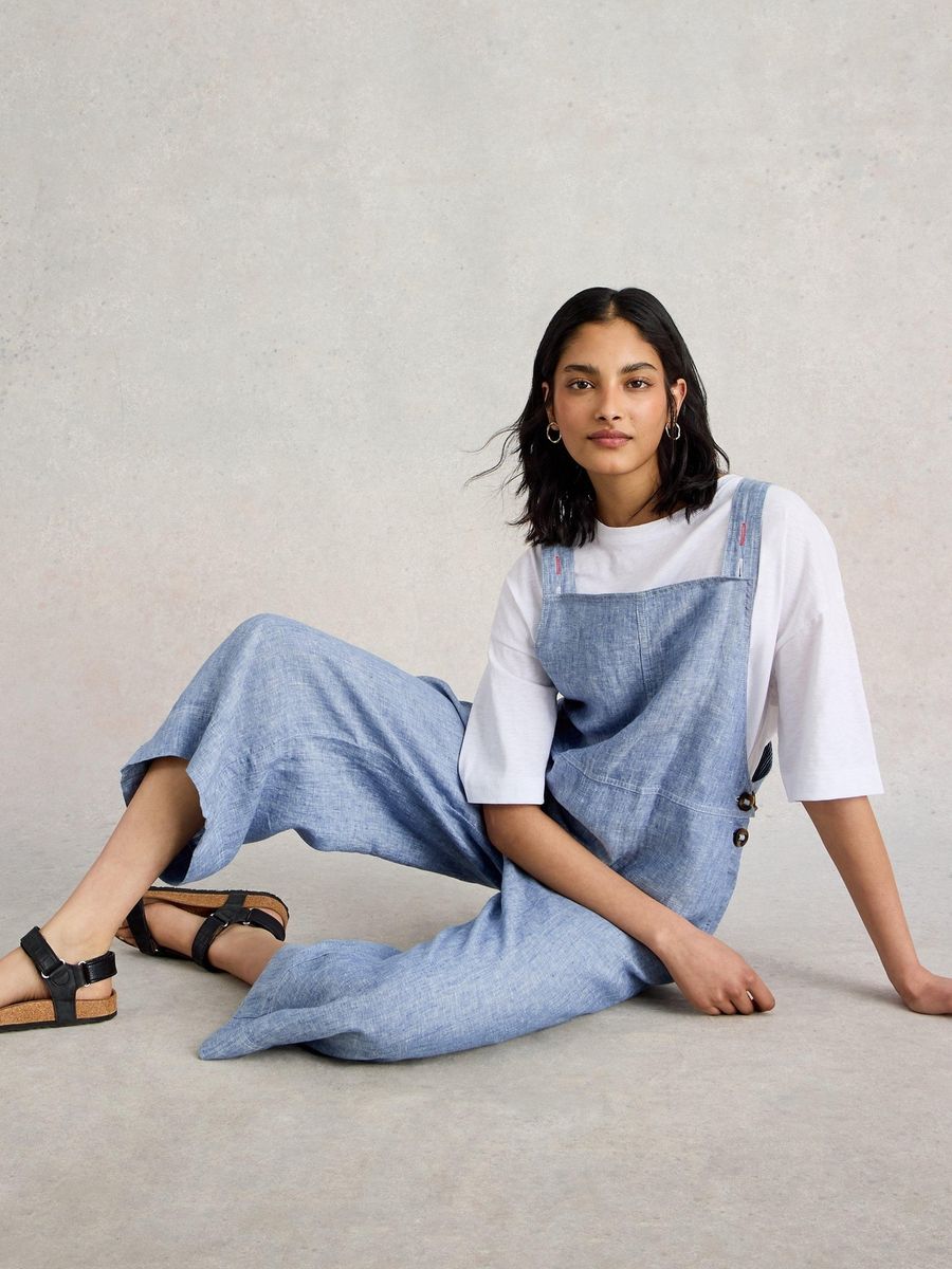 Jeans Latzhose aus Leinen mit weitem Bein