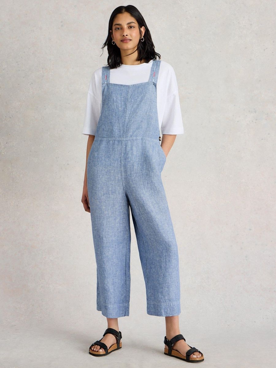 Jeans Latzhose aus Leinen mit weitem Bein