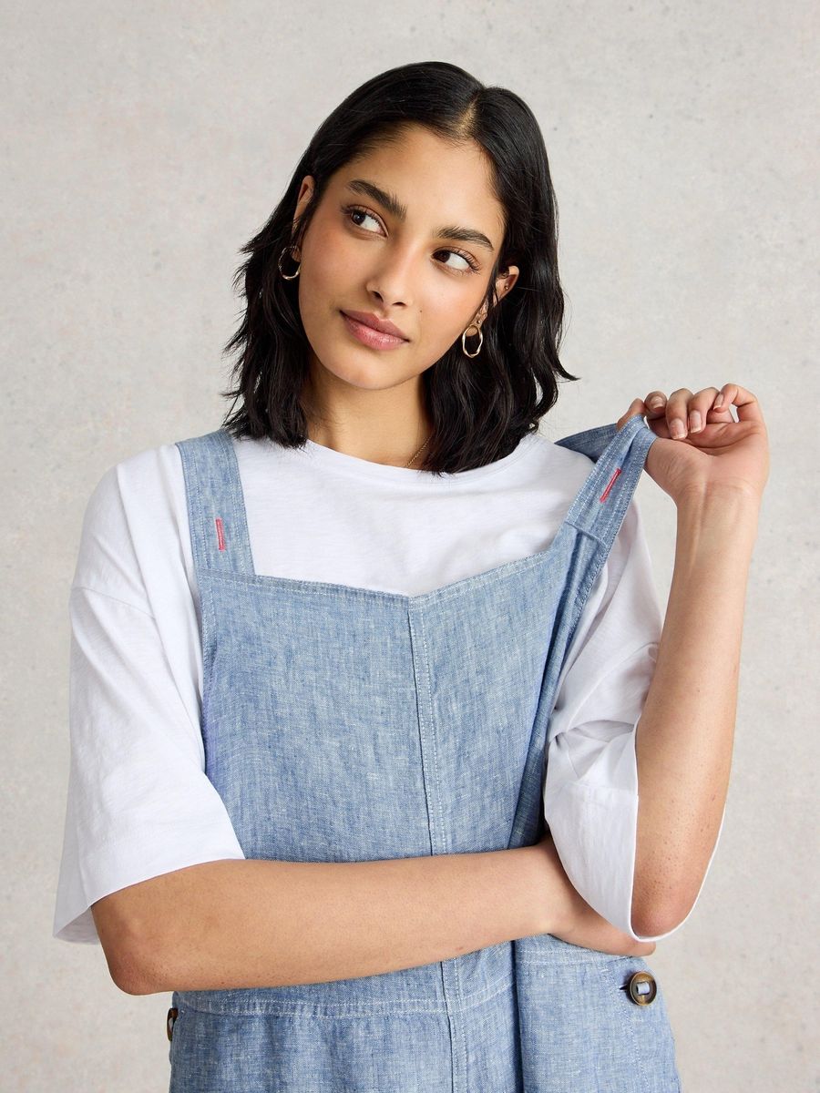 Jeans Latzhose aus Leinen mit weitem Bein