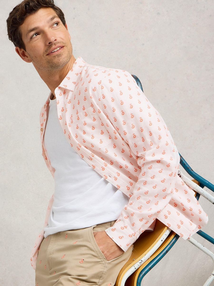 Hemd aus Leinenmischung mit Flamingo-Print