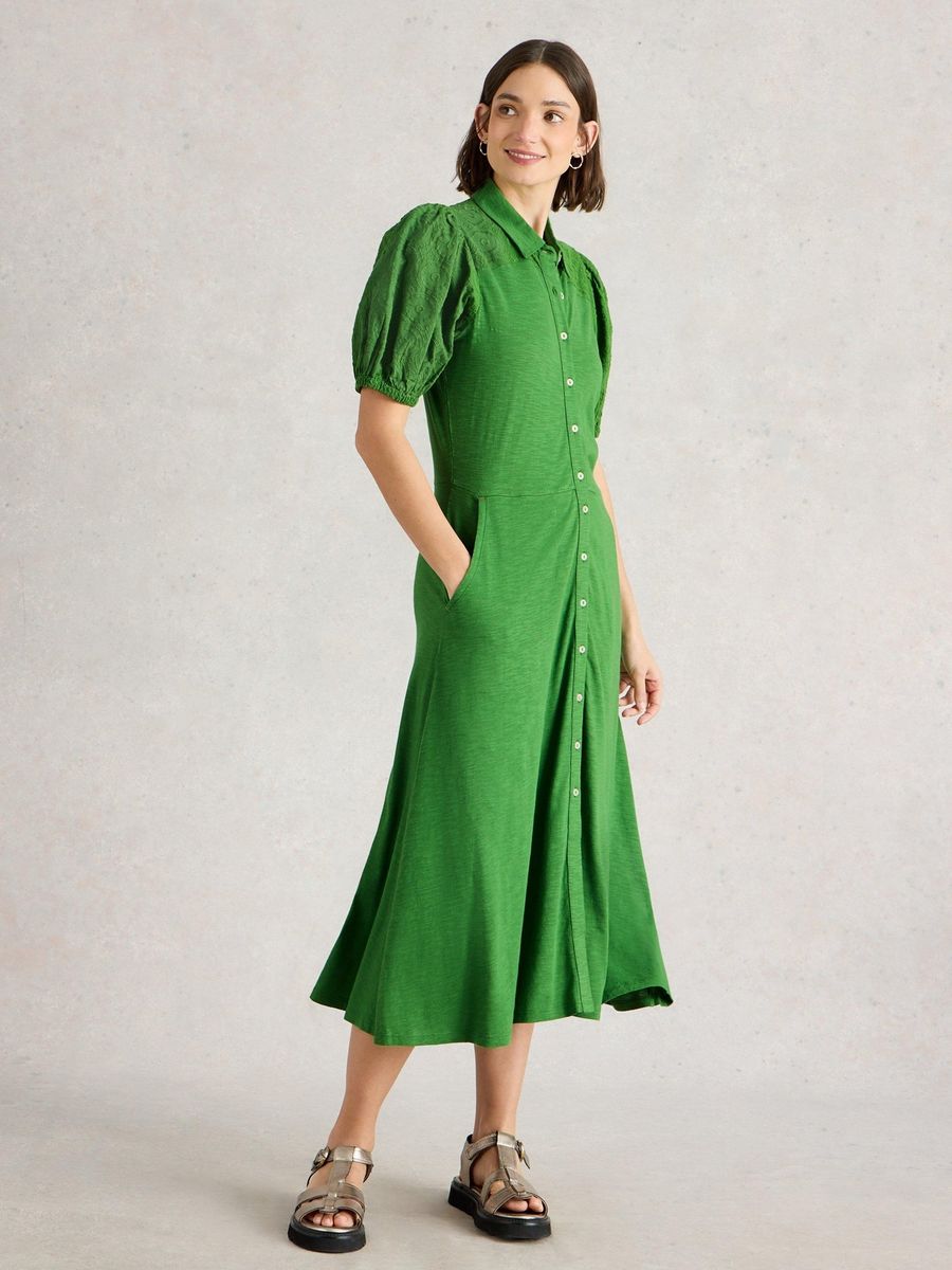 Besticktes grünes Hemdkleid aus Bio-Baumwolle