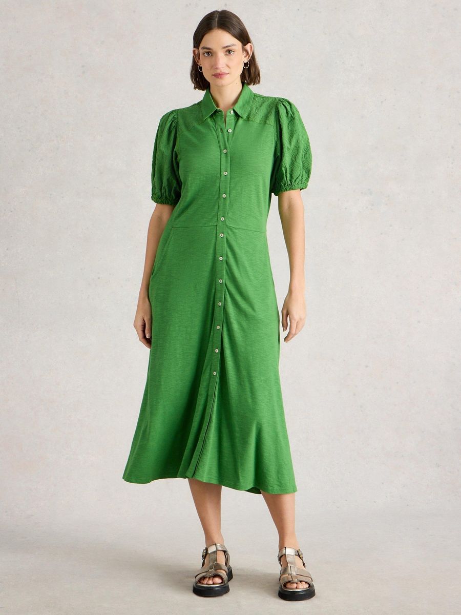 Besticktes grünes Hemdkleid aus Bio-Baumwolle