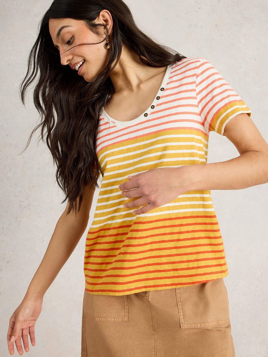Gestreiftes Baumwollmischungs-T-Shirt mit Knöpfen