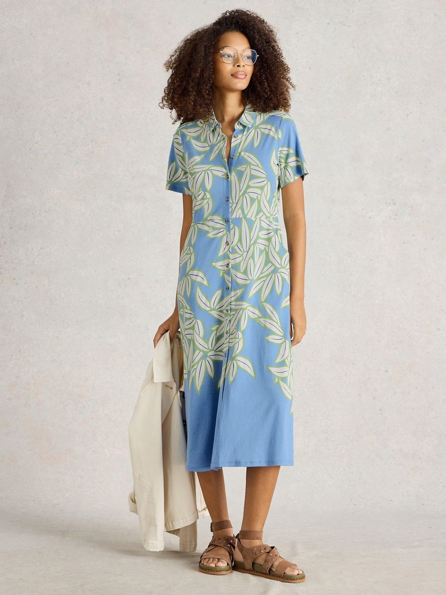 Jersey-Hemdblusenkleid mit Blätterdruck