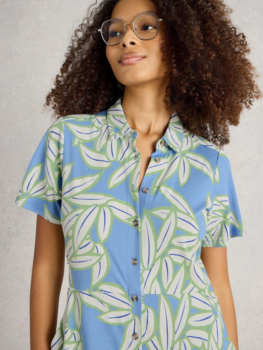Jersey-Hemdblusenkleid mit Blätterdruck