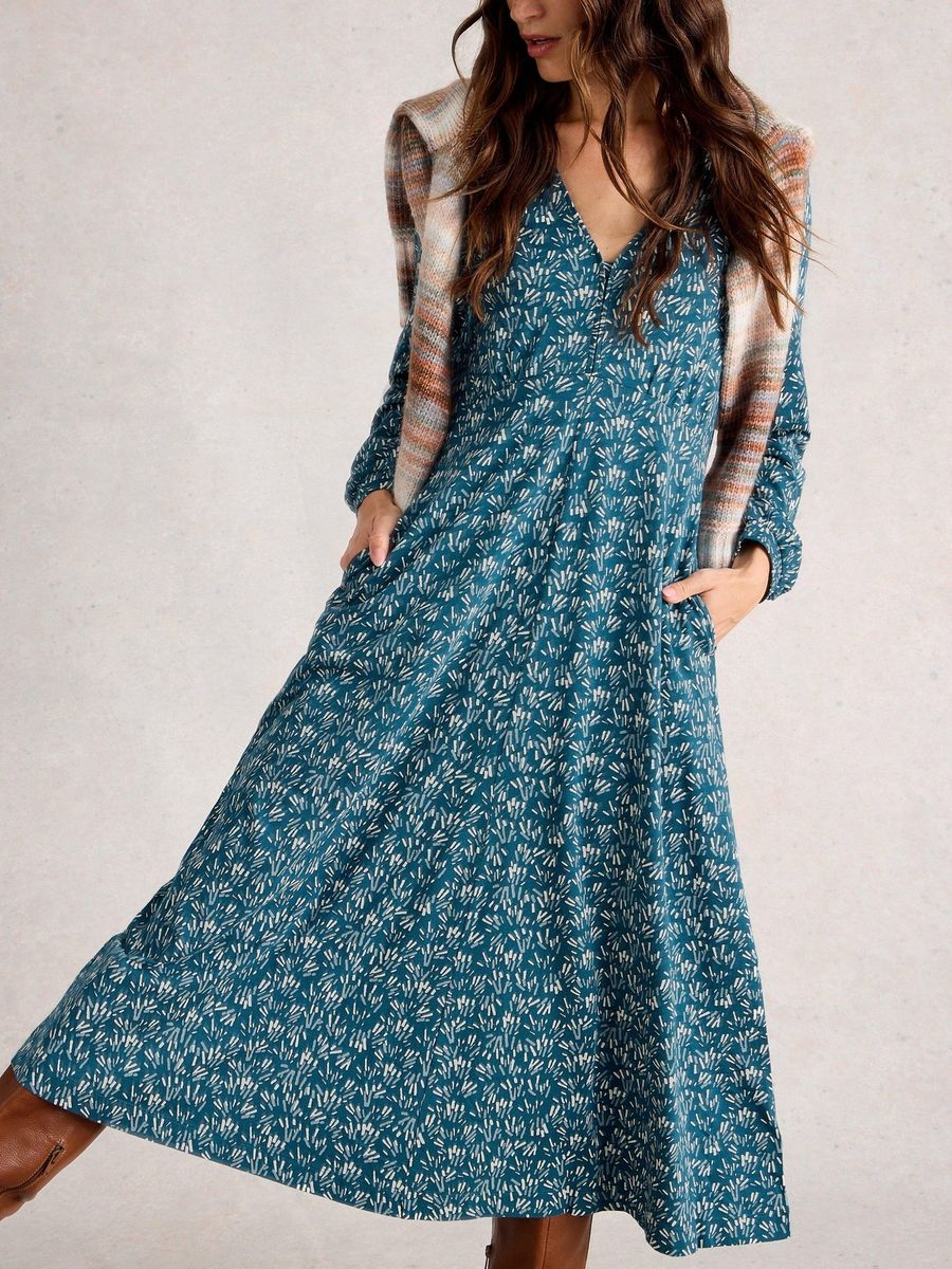 Lässiges Midikleid mit Blätterdruck