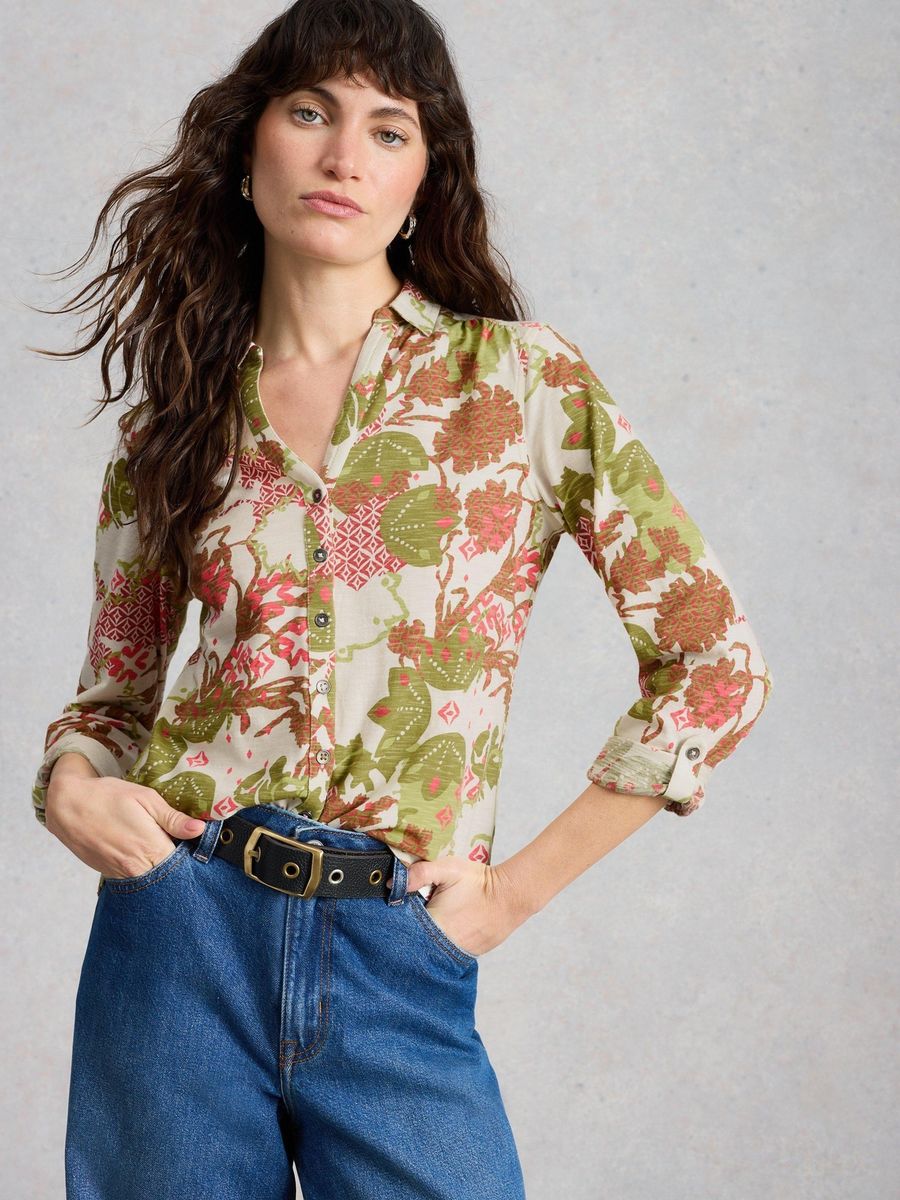 Jerseybluse mit floralem Herzmuster