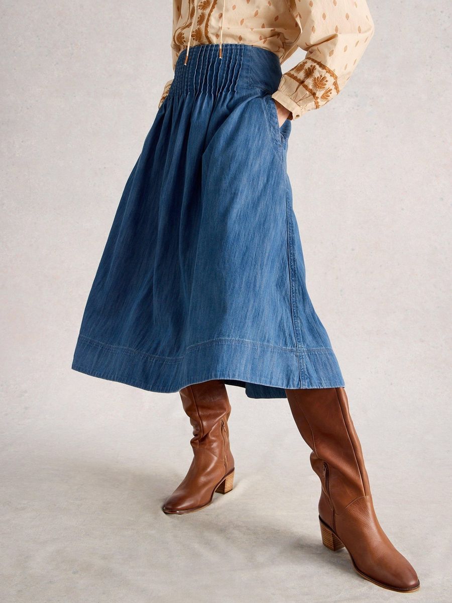 Jeans-Midi-Rock mit Faltenbund