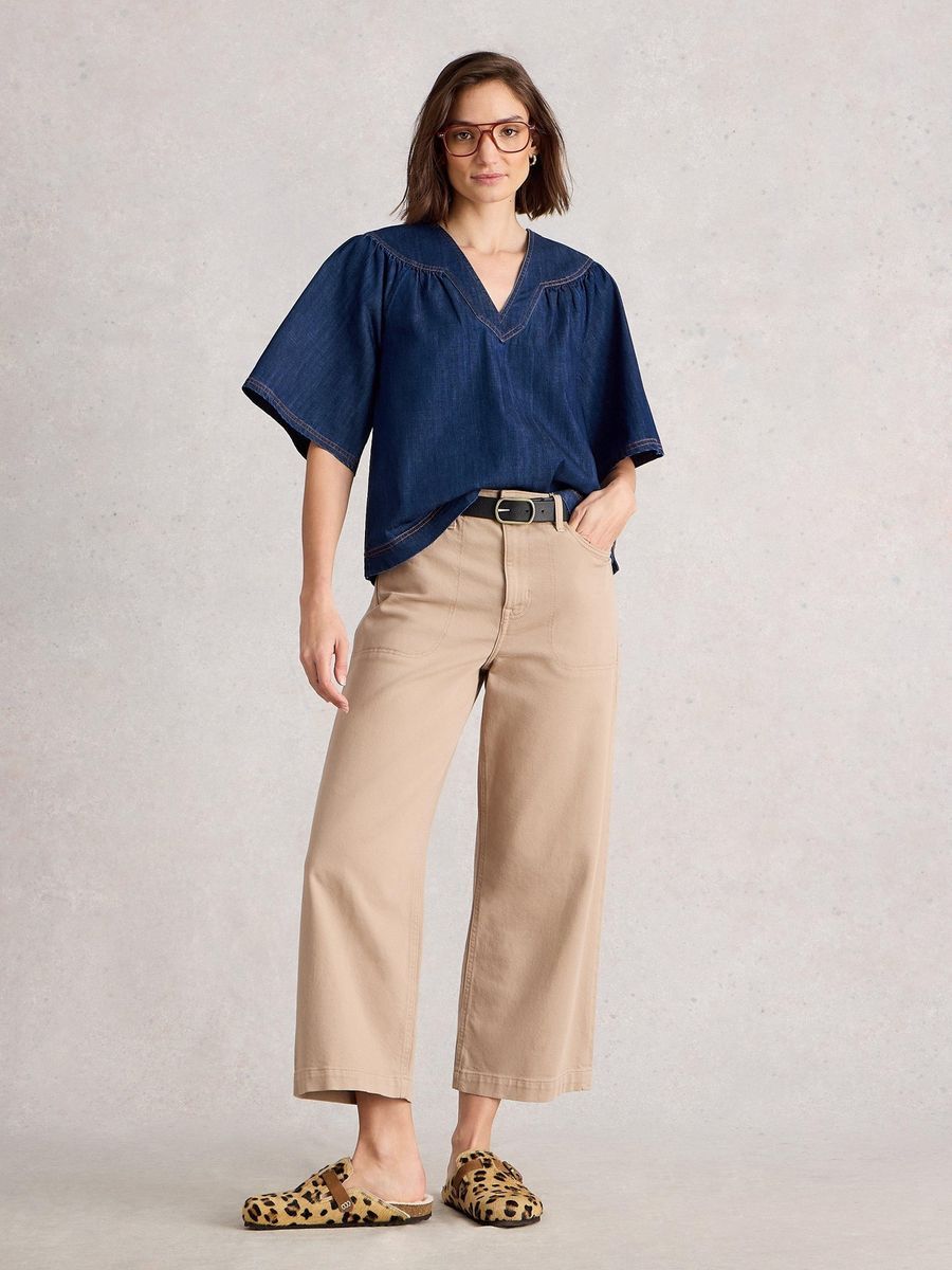 Locker geschnittenes Denim-Top mit V-Ausschnitt