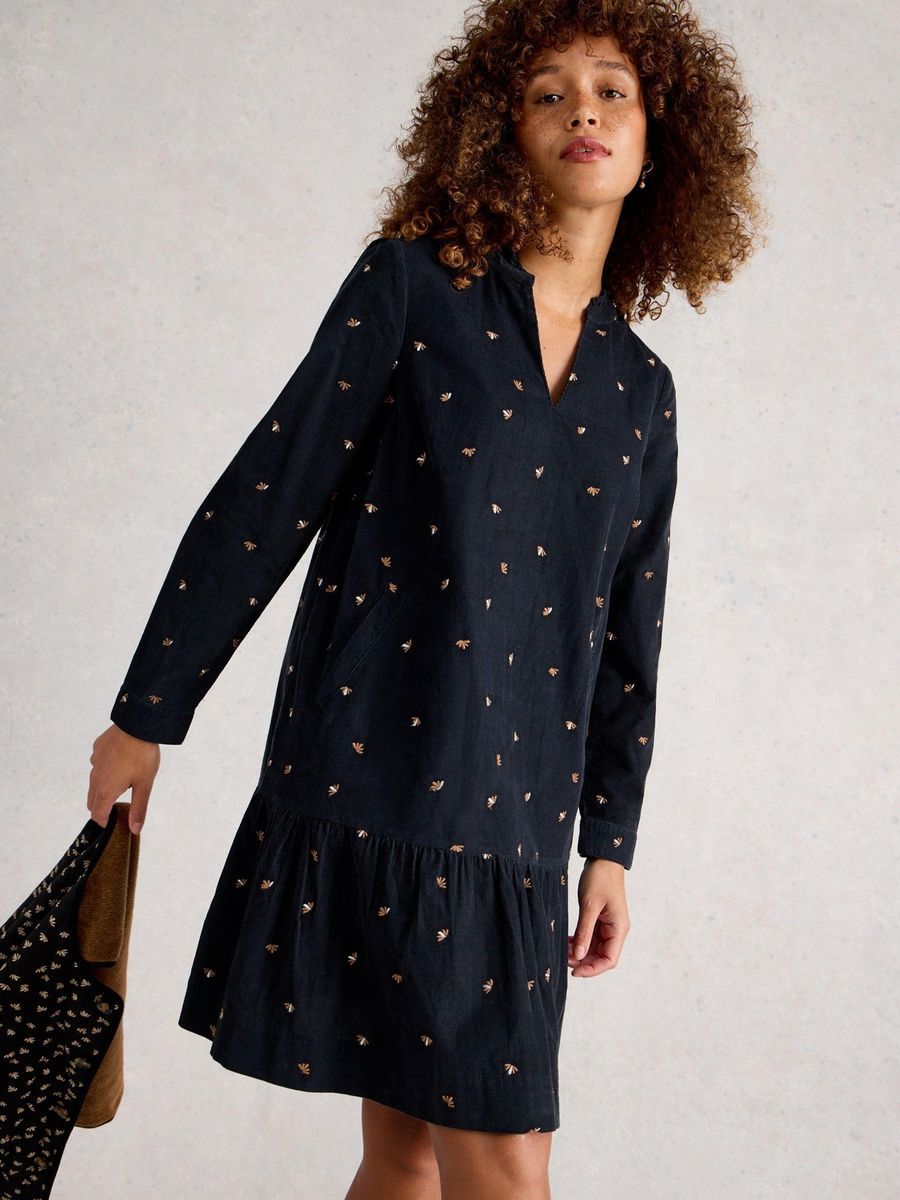 Besticktes Kord-Minikleid mit Rüschen