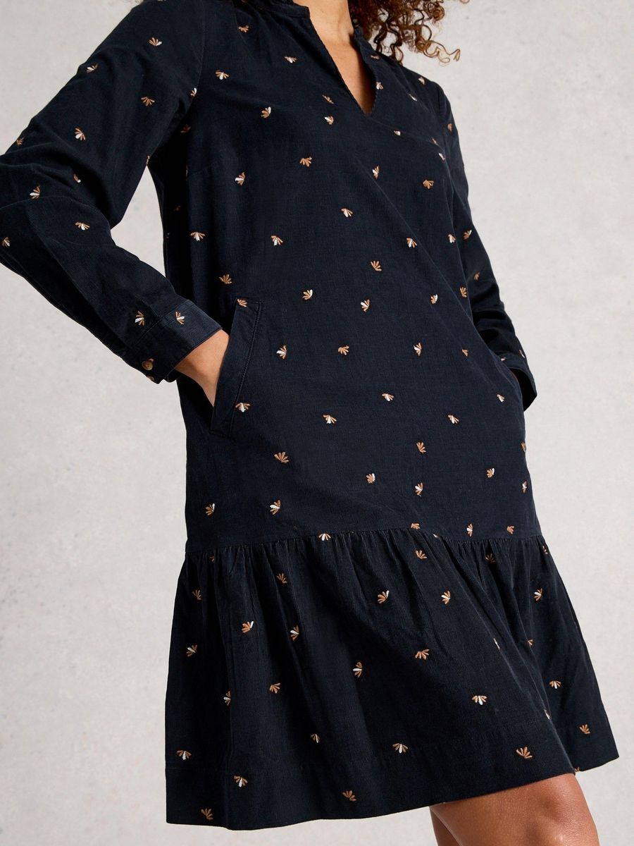 Besticktes Kord-Minikleid mit Rüschen