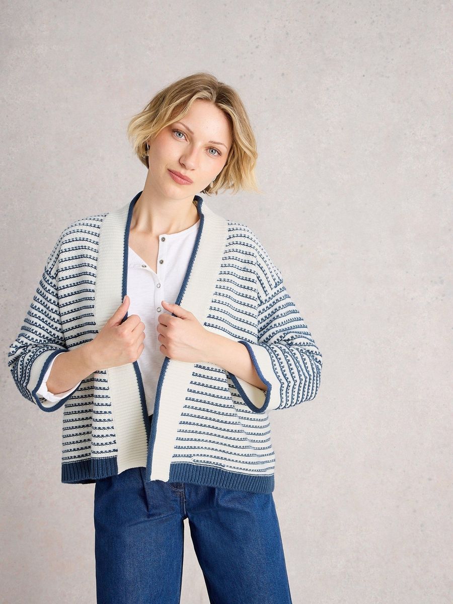 Gestreifte, offene Strickjacke aus Baumwollmischung