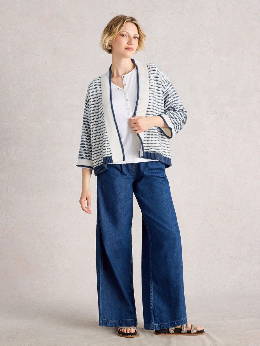 Gestreifte, offene Strickjacke aus Baumwollmischung