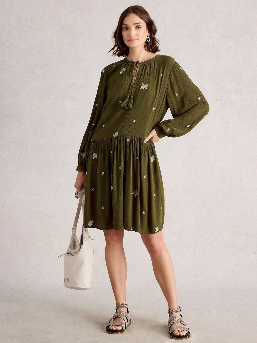 Olivgrünes, gesticktes, gestuftes Minikleid
