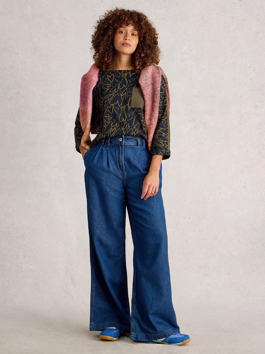 Gestreiftes Dolman-Ärmel Baumwoll-Top mit Tasche